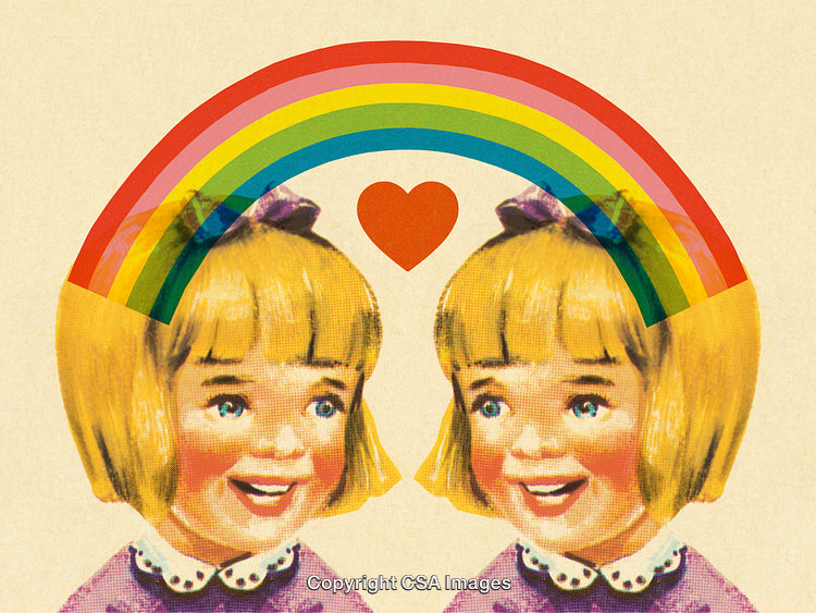 Whimsical Vintage Illustration of Twin Girls with Rainbow and Heart Symbol
