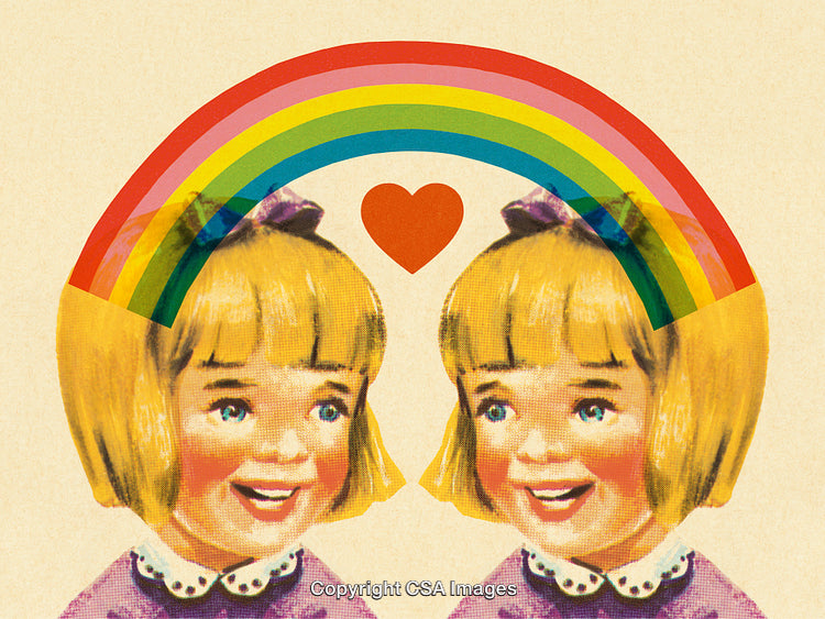 Whimsical Vintage Illustration of Twin Girls with Rainbow and Heart Symbol