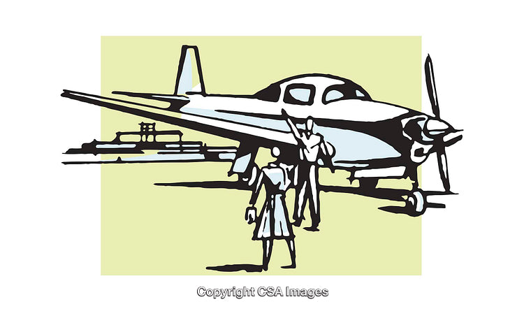 Retro Style Illustration of Aircraft With People in Airport Scene
