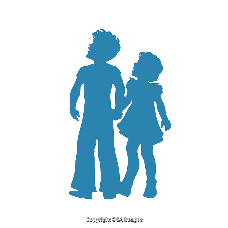 Silhouette of Two Children Holding Hands Facing Upwards