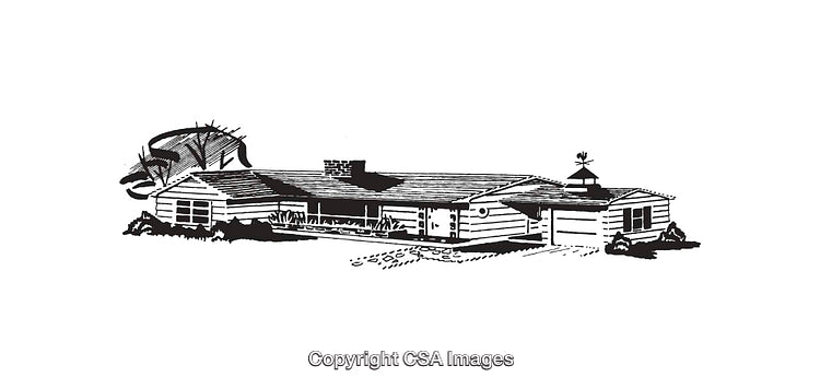 Detailed Black and White Line Art of a Modern Ranch-Style House