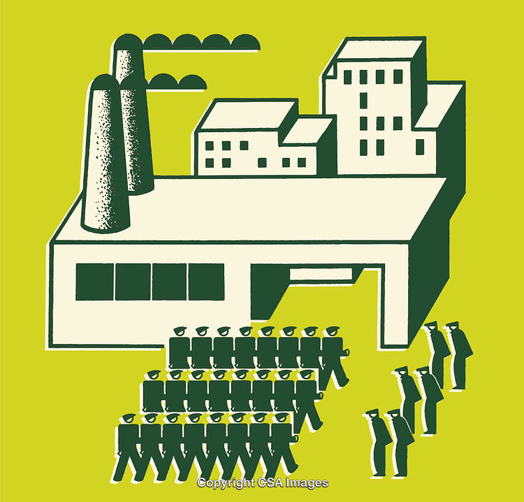 Illustration of Factory Workforce Marching in Organized Groups Outside Industrial Building