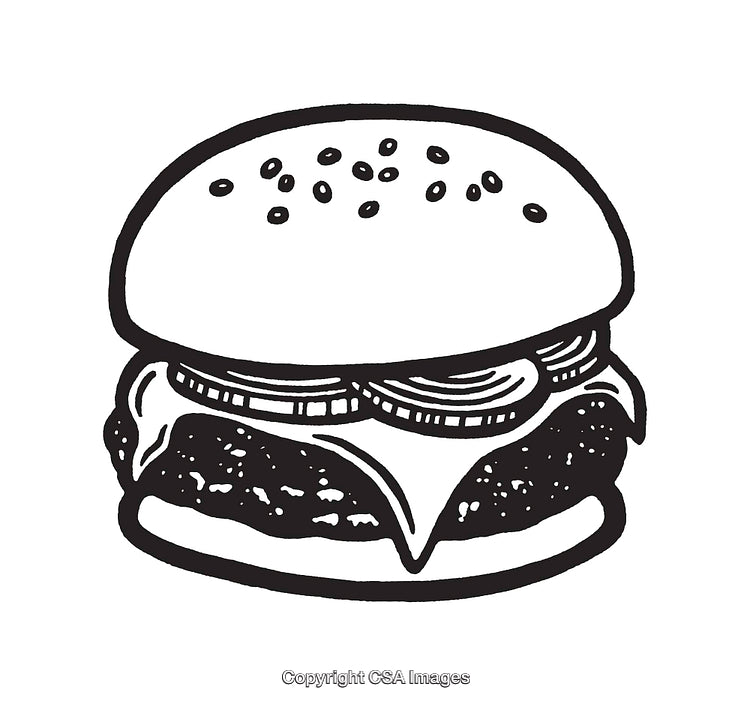 Black and White Line Art of a Classic Cheeseburger Illustration