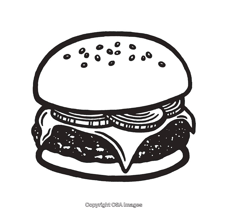 Black and White Line Art of a Classic Cheeseburger Illustration