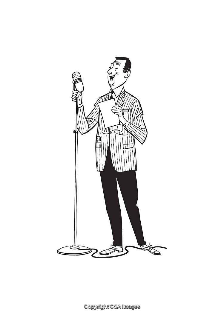 Black and White Drawing of a Man Singing Into a Microphone
