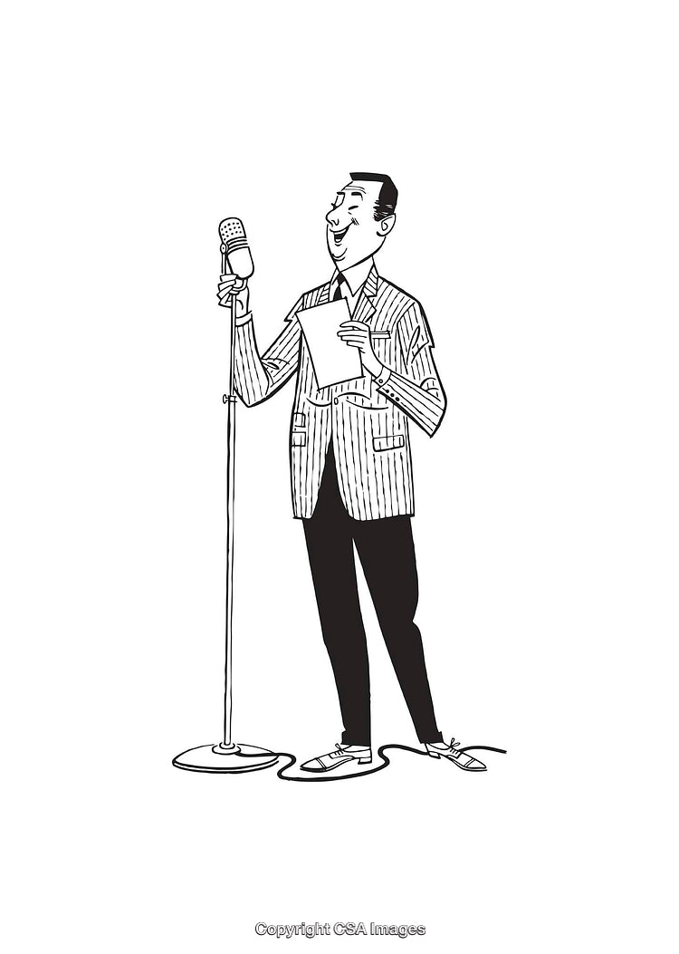 Black and White Drawing of a Man Singing Into a Microphone