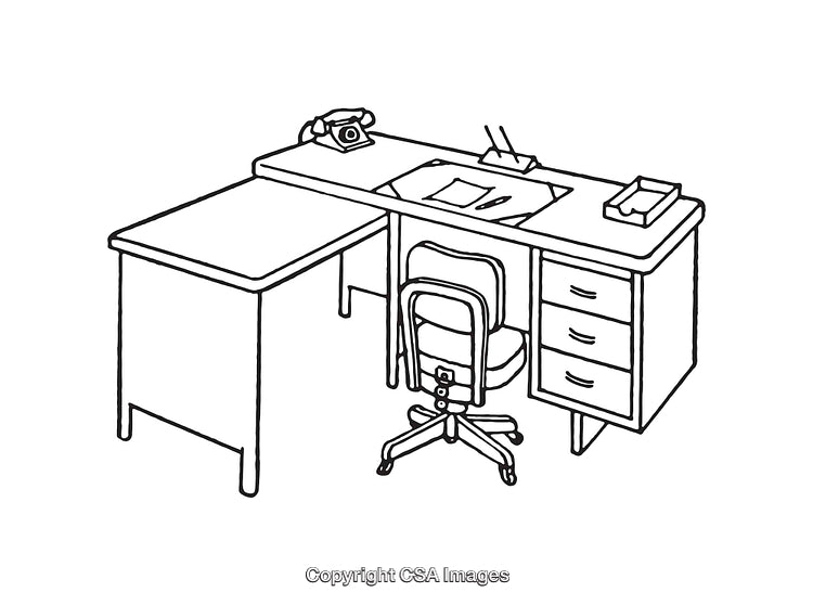 Black and White Line Art of Office Desk and Chair Arrangement