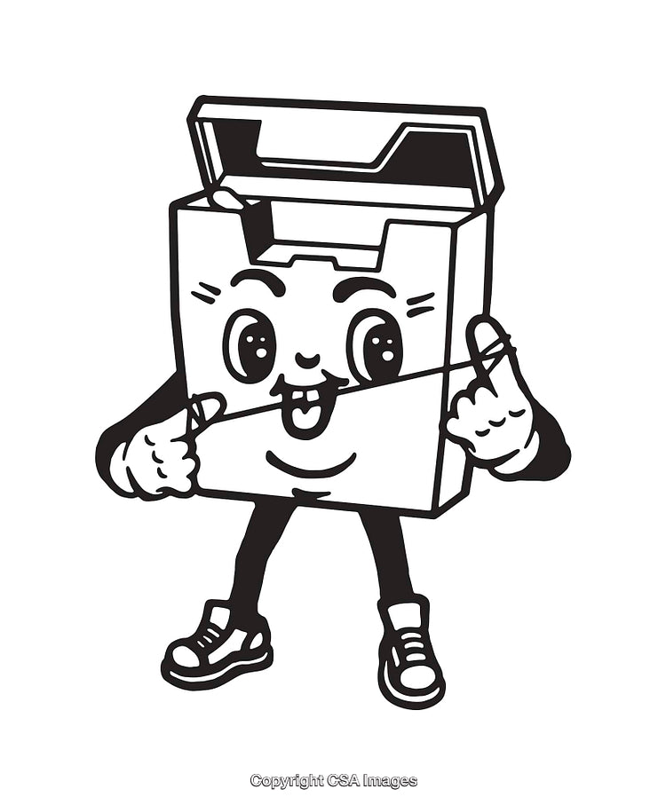 Playful Cartoon Box Character with Sneakers in Line Art Style