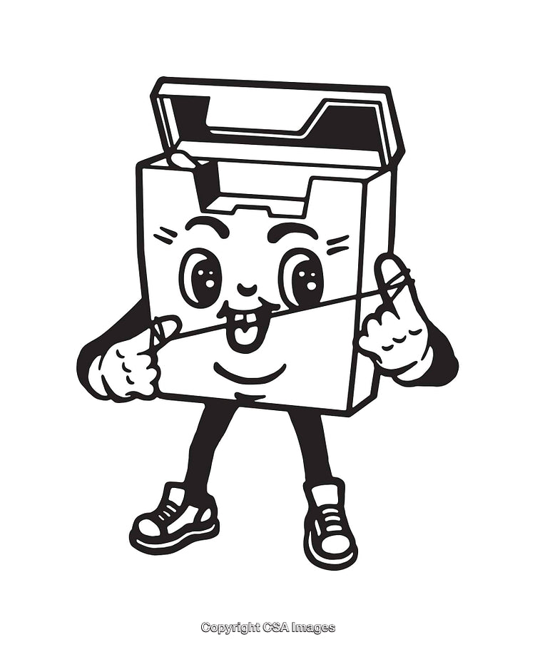 Playful Cartoon Box Character with Sneakers in Line Art Style