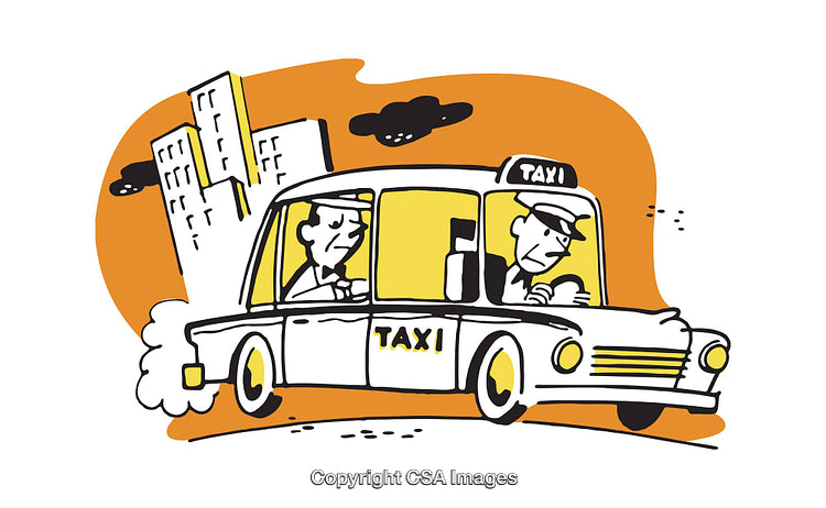 Retro Illustration of a Taxi Ride in Urban Setting with Driver and Passenger