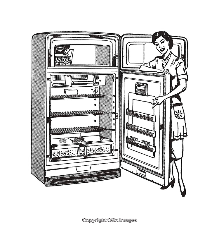 Vintage Line Art of a Woman With an Open Refrigerator