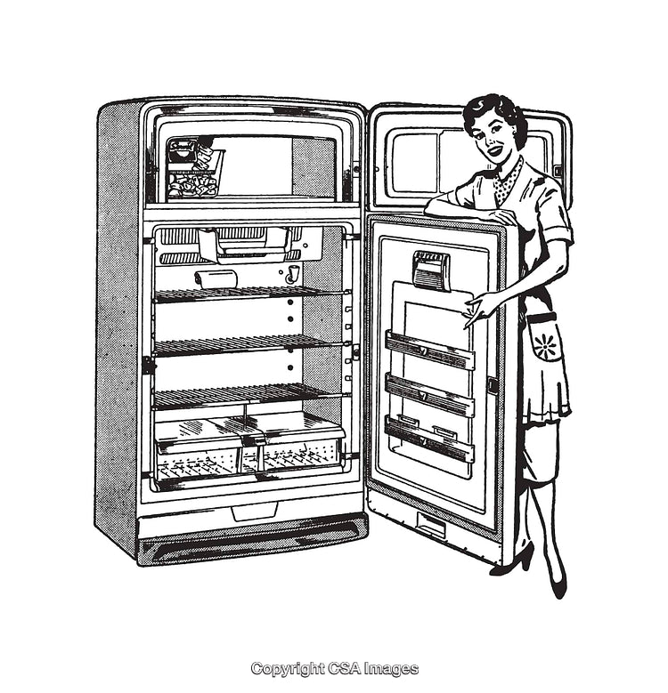 Vintage Line Art of a Woman With an Open Refrigerator