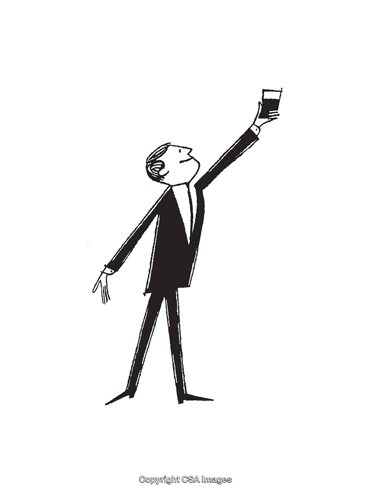 Retro Illustration of a Man Raising a Drink in Black and White