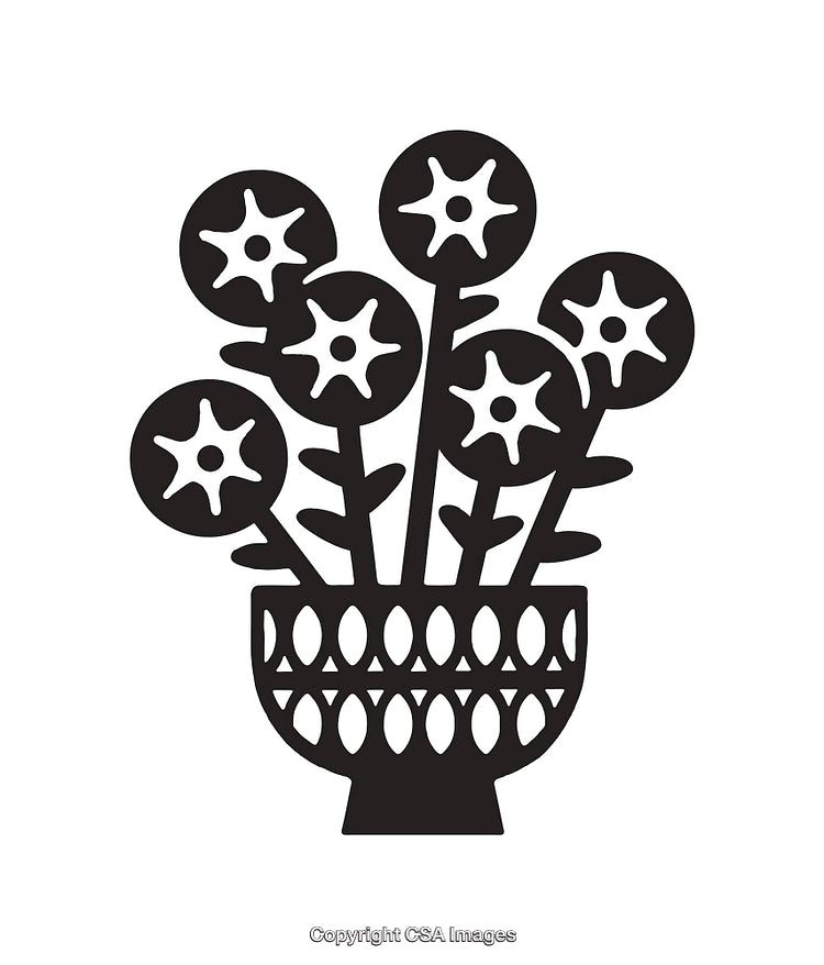 Black and White Floral Line Art of Flowers in Intricate Vase