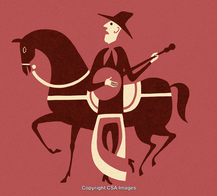 Illustration of a Cowboy Playing Banjo on Horseback in Vintage Style