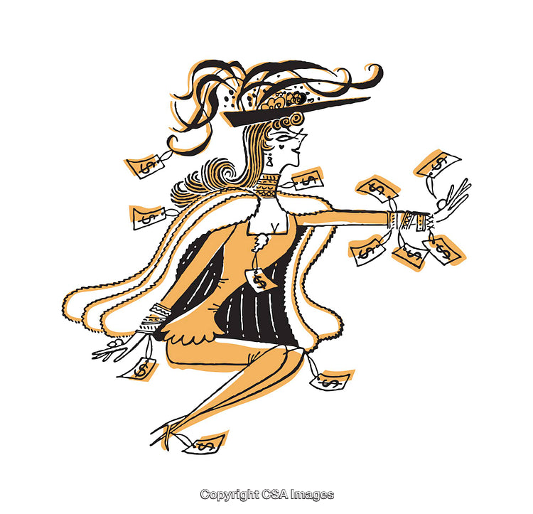 Stylized Color Illustration of an Elegant Woman with Monetary Accents