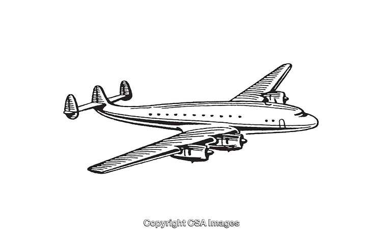 Retro Line Art Illustration of a Four-Engine Airplane in Black and White