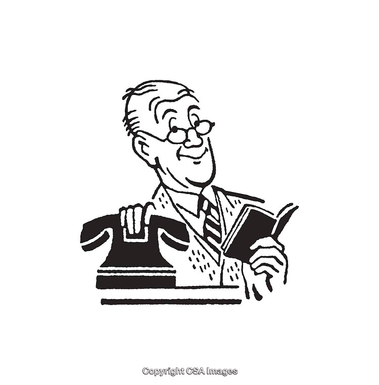 Vintage Line Art of Businessman Holding Telephone and Open Book