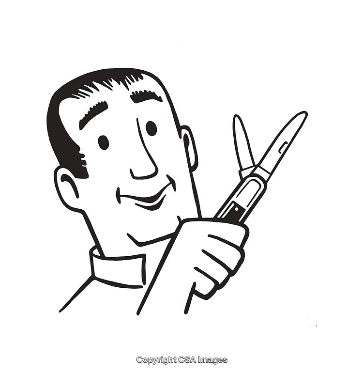 Illustration of Smiling Man Holding Scissors in Black and White Line Art