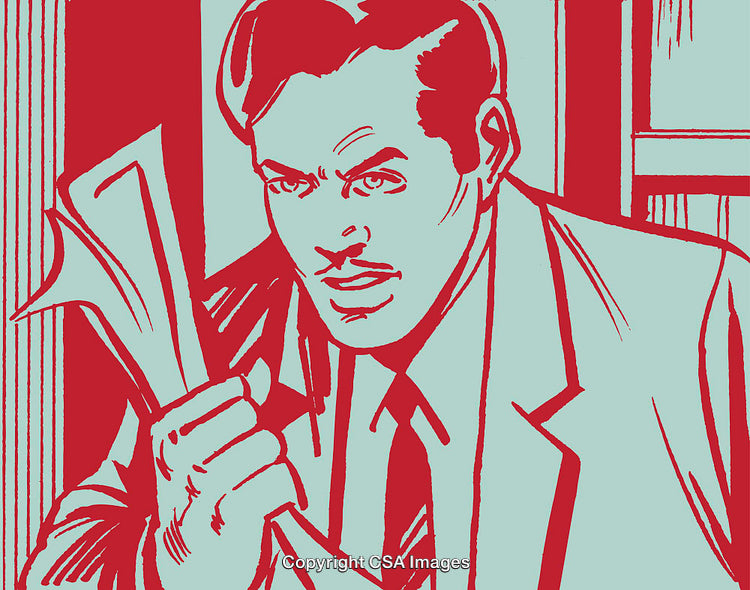 Bold Red Artistic Sketch of a Retro Businessman Holding Paperwork