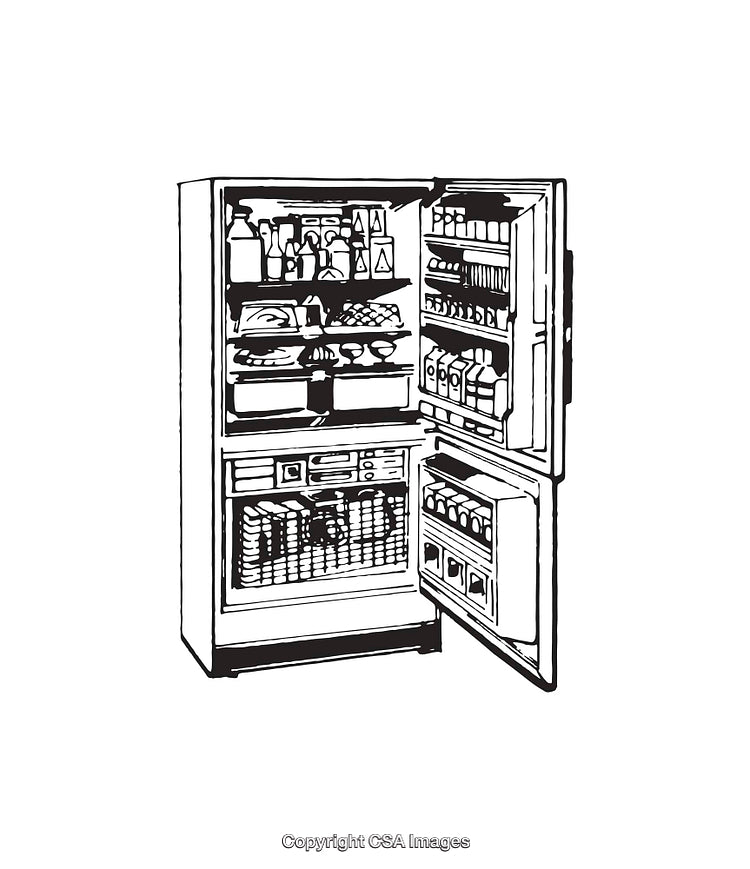 Black and White Line Art of Fully Stocked Open Refrigerator