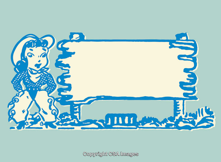 Retro Style Illustration of a Cowgirl and a Blank Wooden Sign