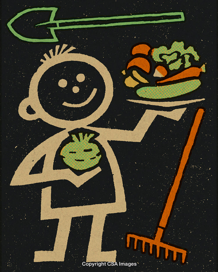 Whimsical Gardening Character Holding Fresh Organic Vegetables and Gardening Tools