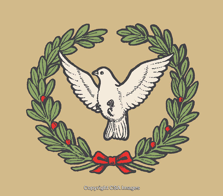 Elegant Line Art of a Dove Within a Decorative Laurel Wreath