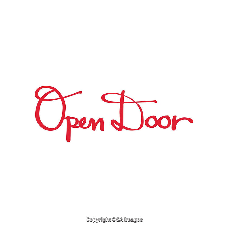 Red Scripted Open Door Text Art on White Background