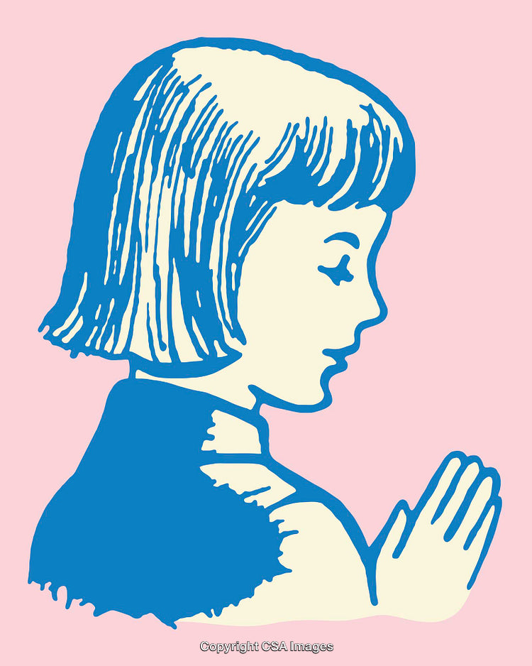 Illustrated Blue and Pink Line Art of a Praying Child
