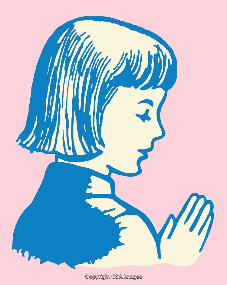 Illustrated Blue and Pink Line Art of a Praying Child