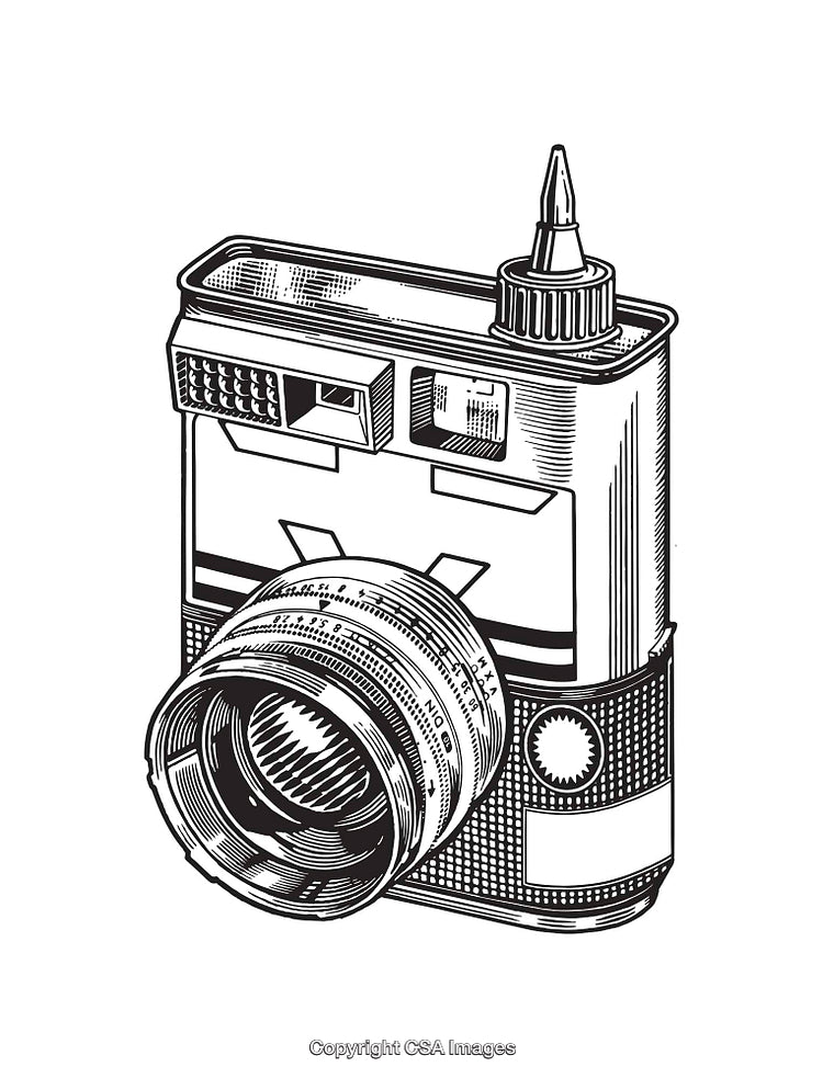 Detailed Black and White Line Art of a Retro Camera
