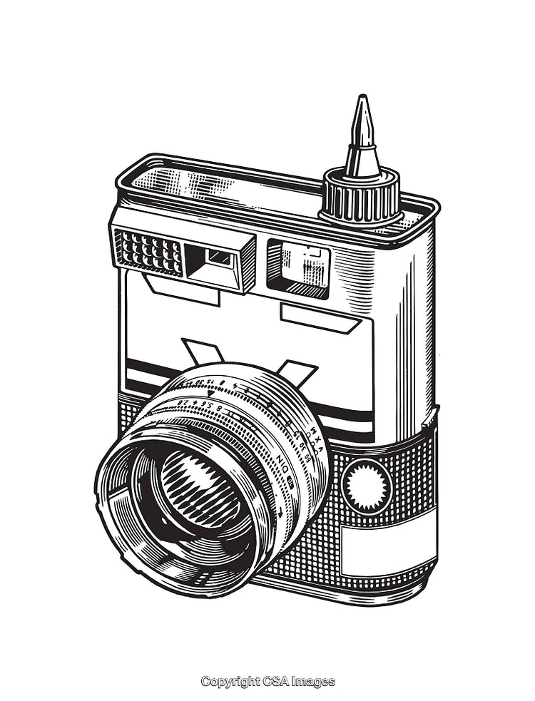 Detailed Black and White Line Art of a Retro Camera