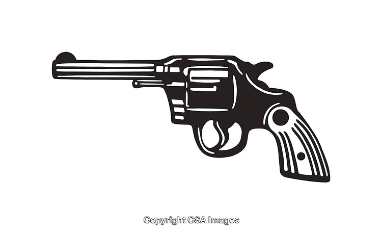 Vintage Black and White Line Art Illustration of a Revolver Handgun