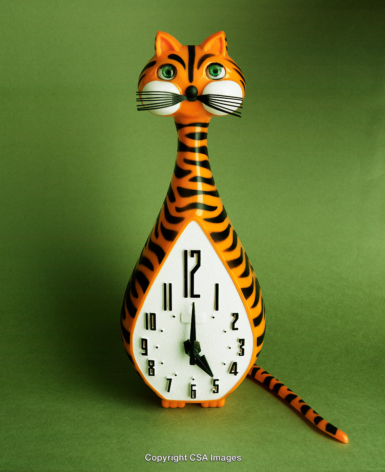 Tiger-Themed Cat-Shaped Novelty Clock with Green Background