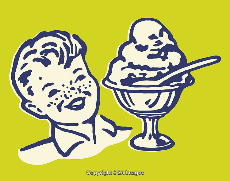 Retro Style Artwork Featuring Smiling Boy and Ice Cream Dessert