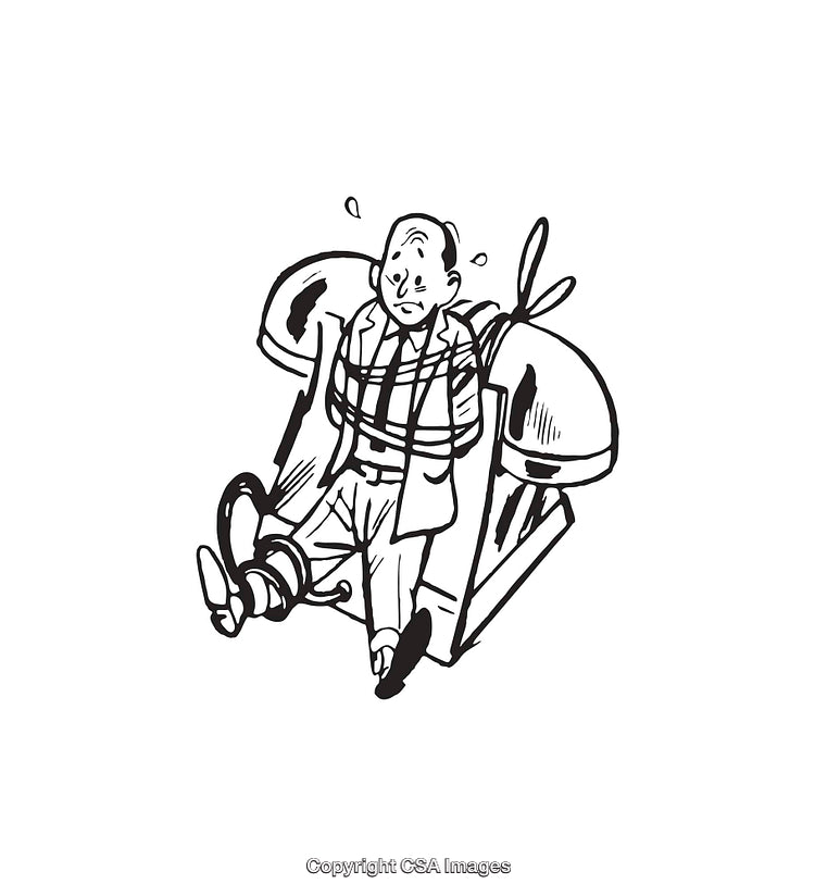 Illustration of a Man Tied to an Office Chair in Line Art Style