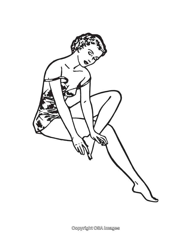Black and White Line Art of Stylish Woman in Vintage Pose