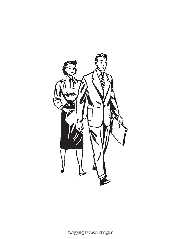 Retro Black and White Illustration of a Professional Man and Woman Walking