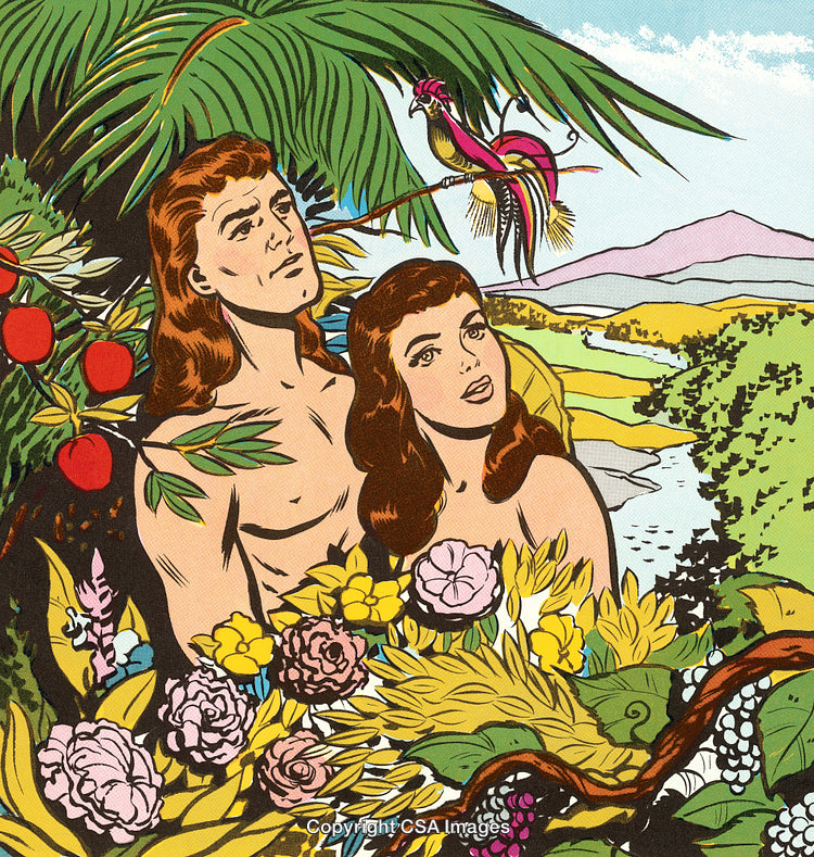 Vibrant Comic Illustration of a Couple in a Lush Paradise Setting