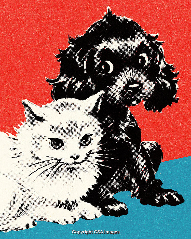 Retro Illustration of a Cat and Dog on Vibrant Red and Blue Background