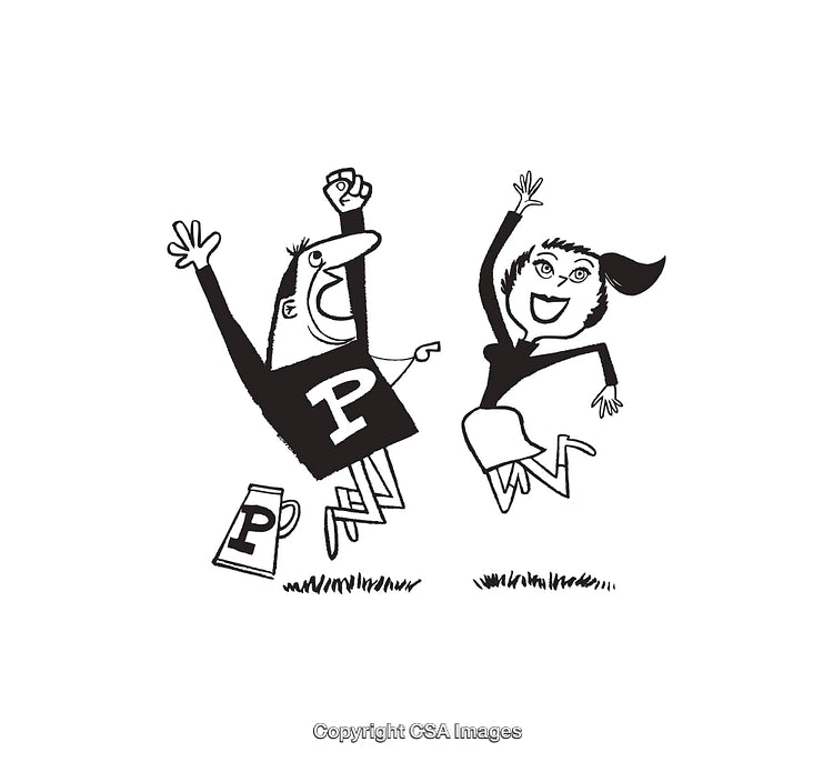 Energetic Black and White Line Art Cheerful College Students Jumping