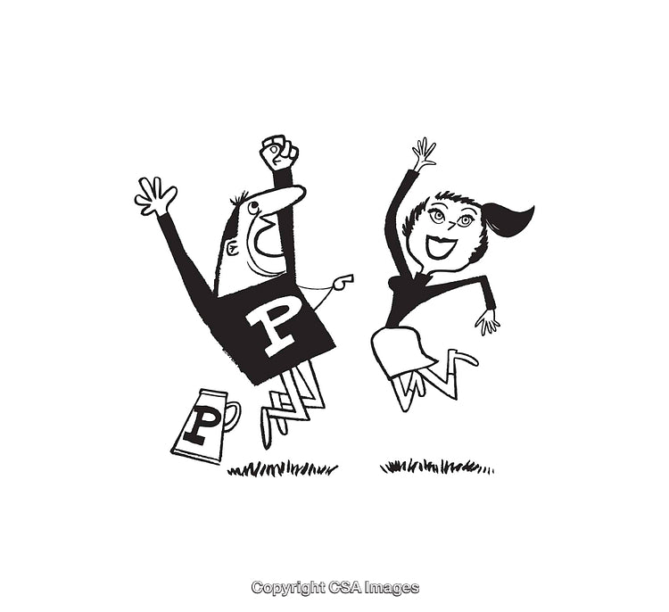 Energetic Black and White Line Art Cheerful College Students Jumping