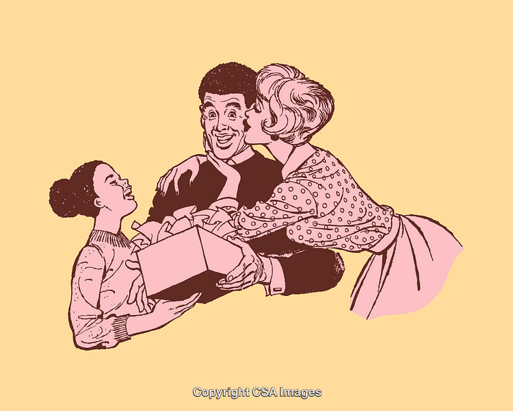 Retro Family Joyfully Celebrating with Gifts and Expressions of Love