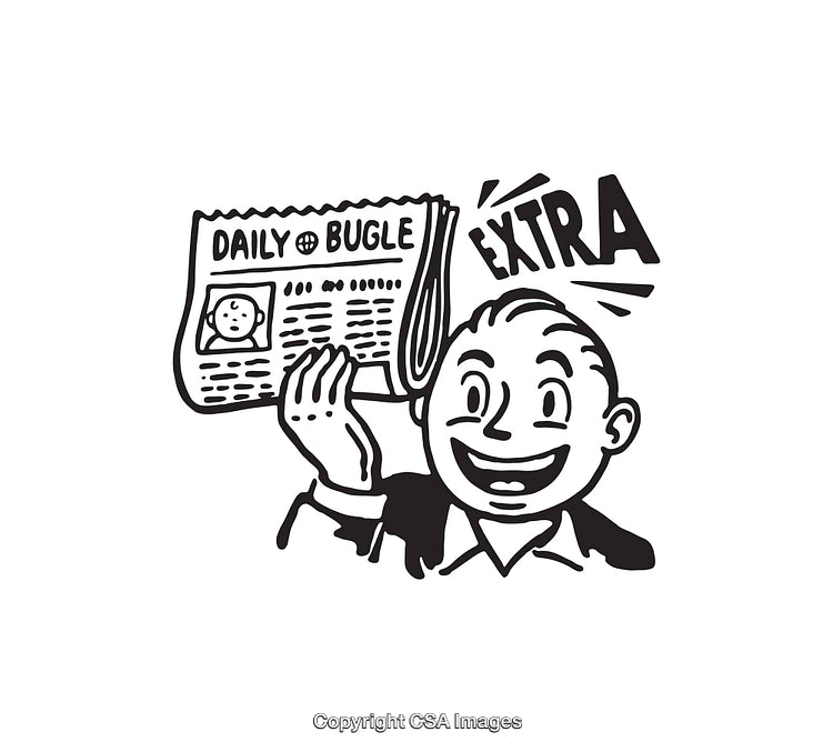 Retro Black and White Line Art of a Newspaper Hawker
