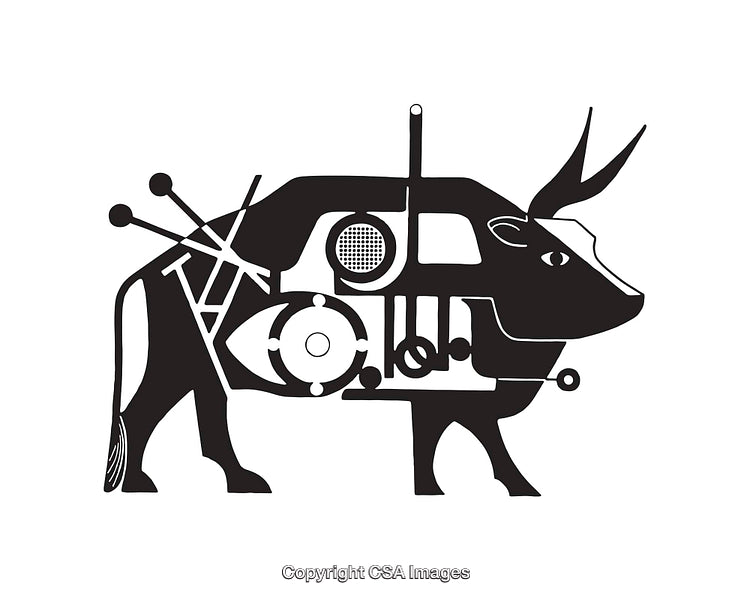 Abstract Black and White Bull with Technological Elements