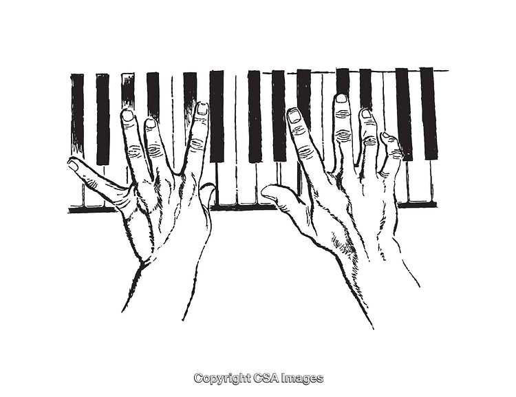 Black and White Line Art of Hands Playing a Piano Keyboard