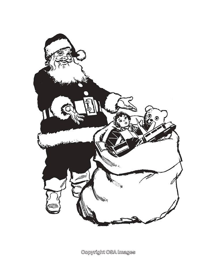 Black and White Illustration of Santa Claus with Bag of Toys