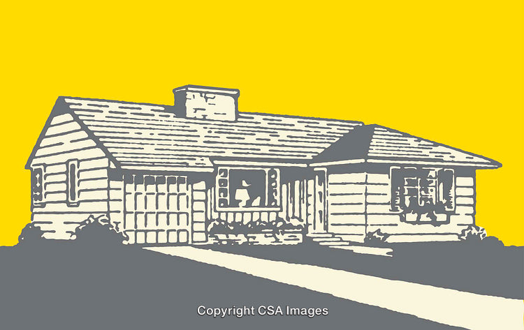 Vintage Yellow-Toned Line Art of a Cozy Suburban Home