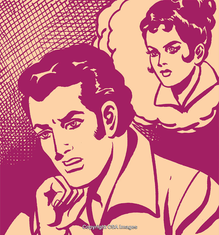 Retro Comic Style Couple Contemplating Emotions in Dramatic Shadows